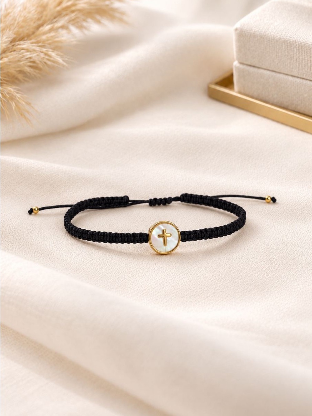 Adjustable Black Macrame Bracelet with Gold Cross Medallion
